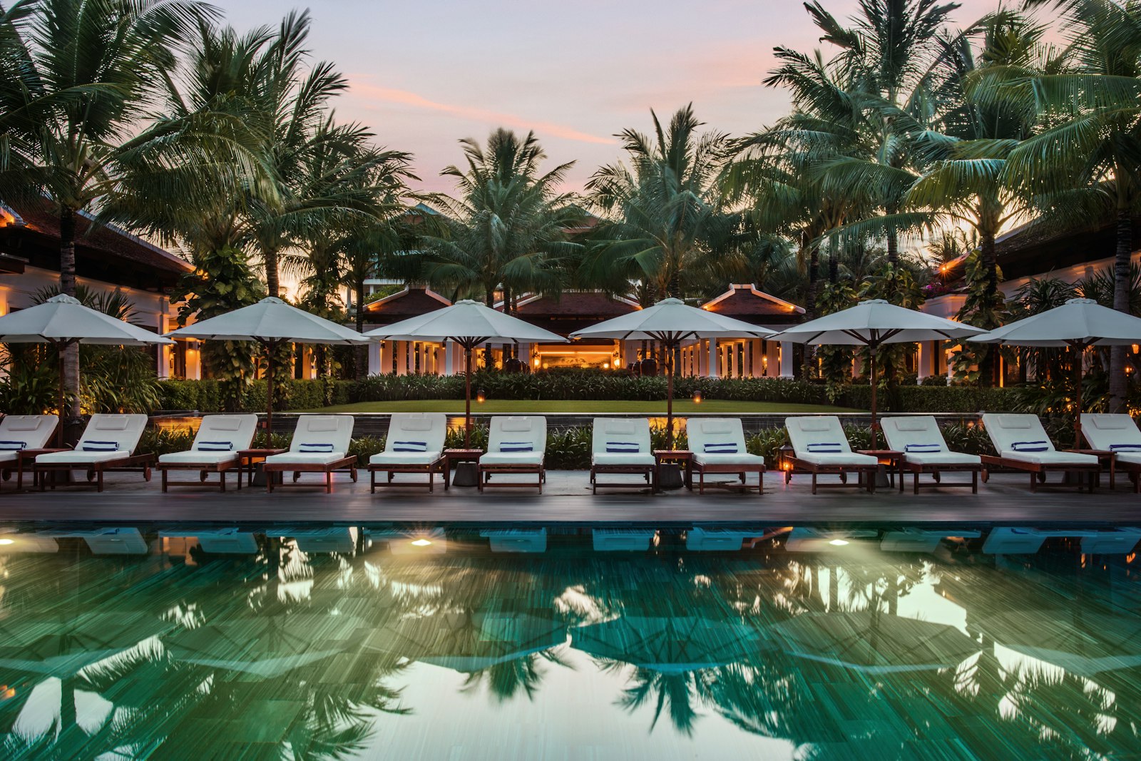 Poolside at a Sri Lankan boutique resort at dusk