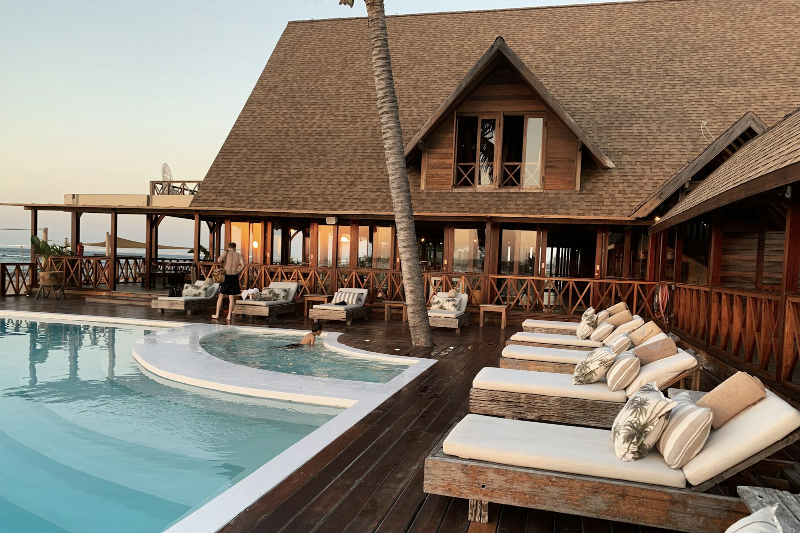 Beachfront boutique hotel at sunset in Sri Lanka